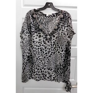 Marina Rinaldi Silk Beaded Jeweled Animal Print Sheer Blouse Top sz‎ 27